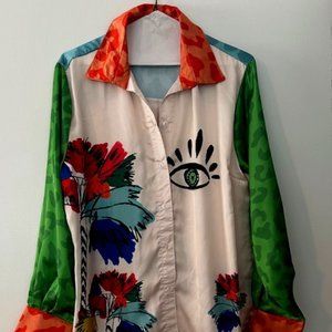 Bululu Resort Wear Eye Lash Print Long Sleeve Button Down Shirt